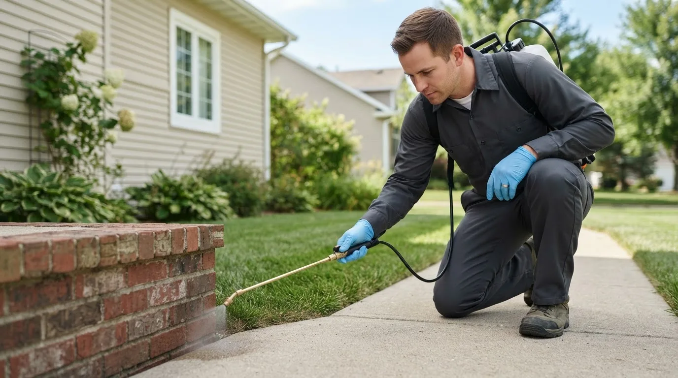 Pest control technician treating a home near Dalton, MN