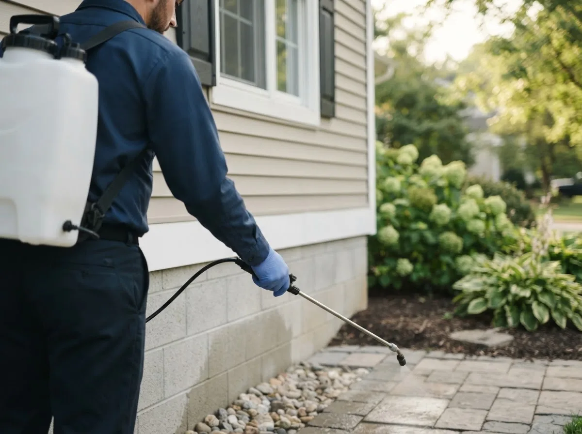Pest control technician inspecting a home in Dalton, MN
